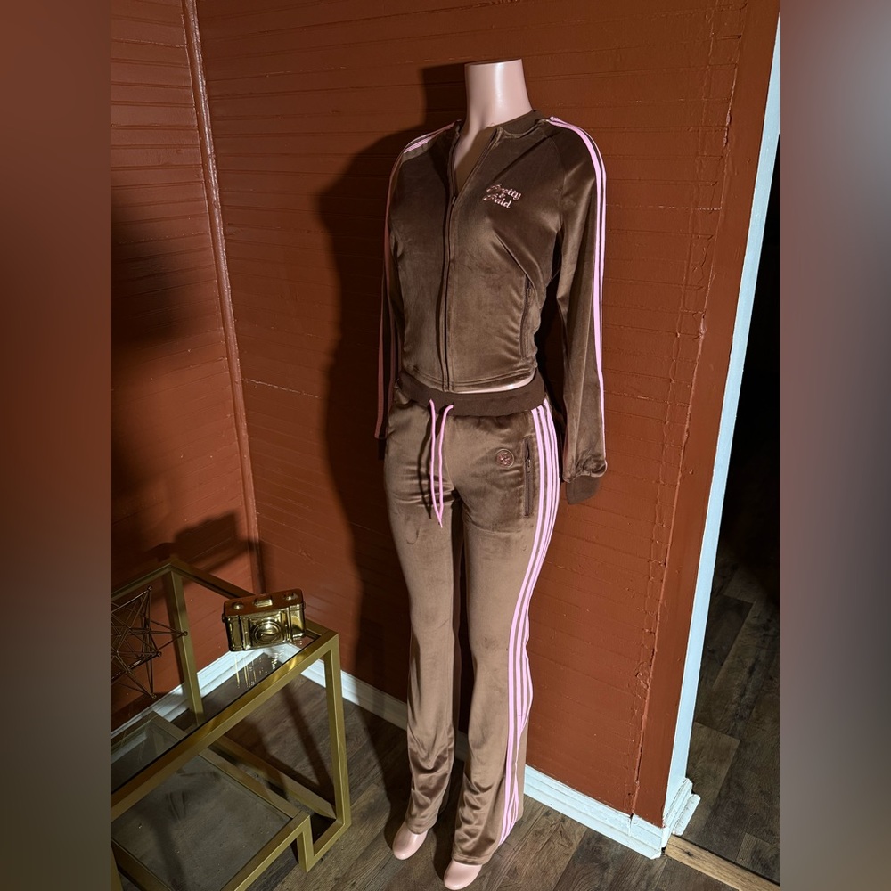Brown Velour Tracksuit with Pink Stripes